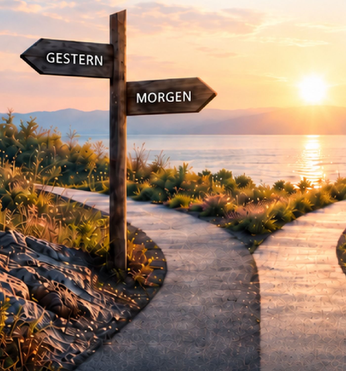 Wegweiser mit den Schildern Gestern und Morgen an einer Weggabelung am See bei Sonnenaufgang